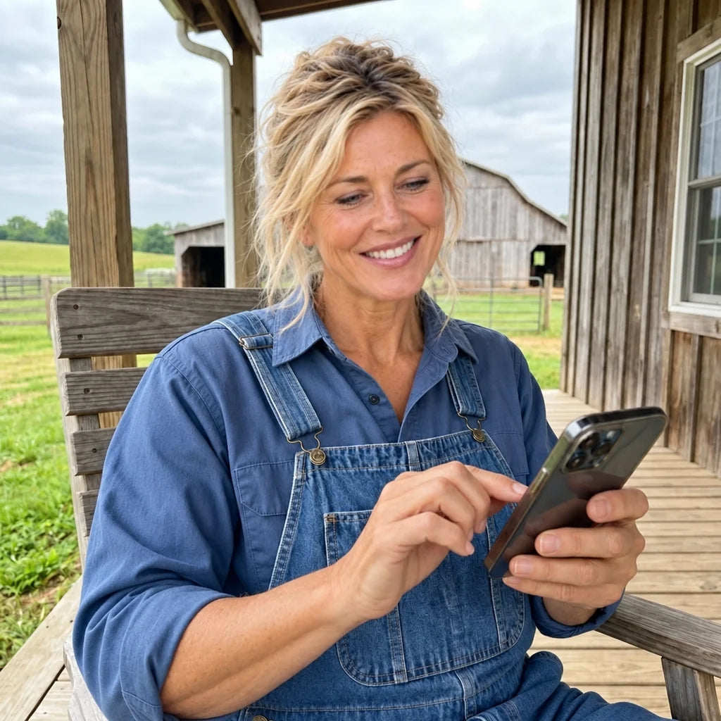 Clara Becker mit Mobiltelefon auf der Veranda
