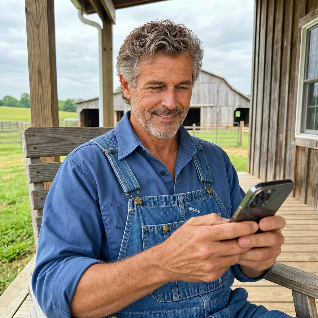Markus Wellness mit Mobiltelefon auf der Veranda