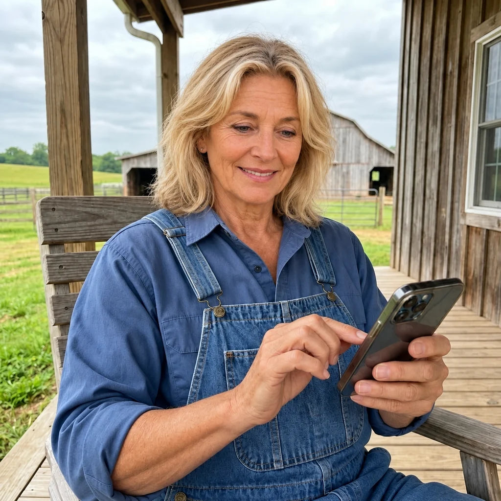 Sabine Hoffmann mit Mobiltelefon auf der Veranda