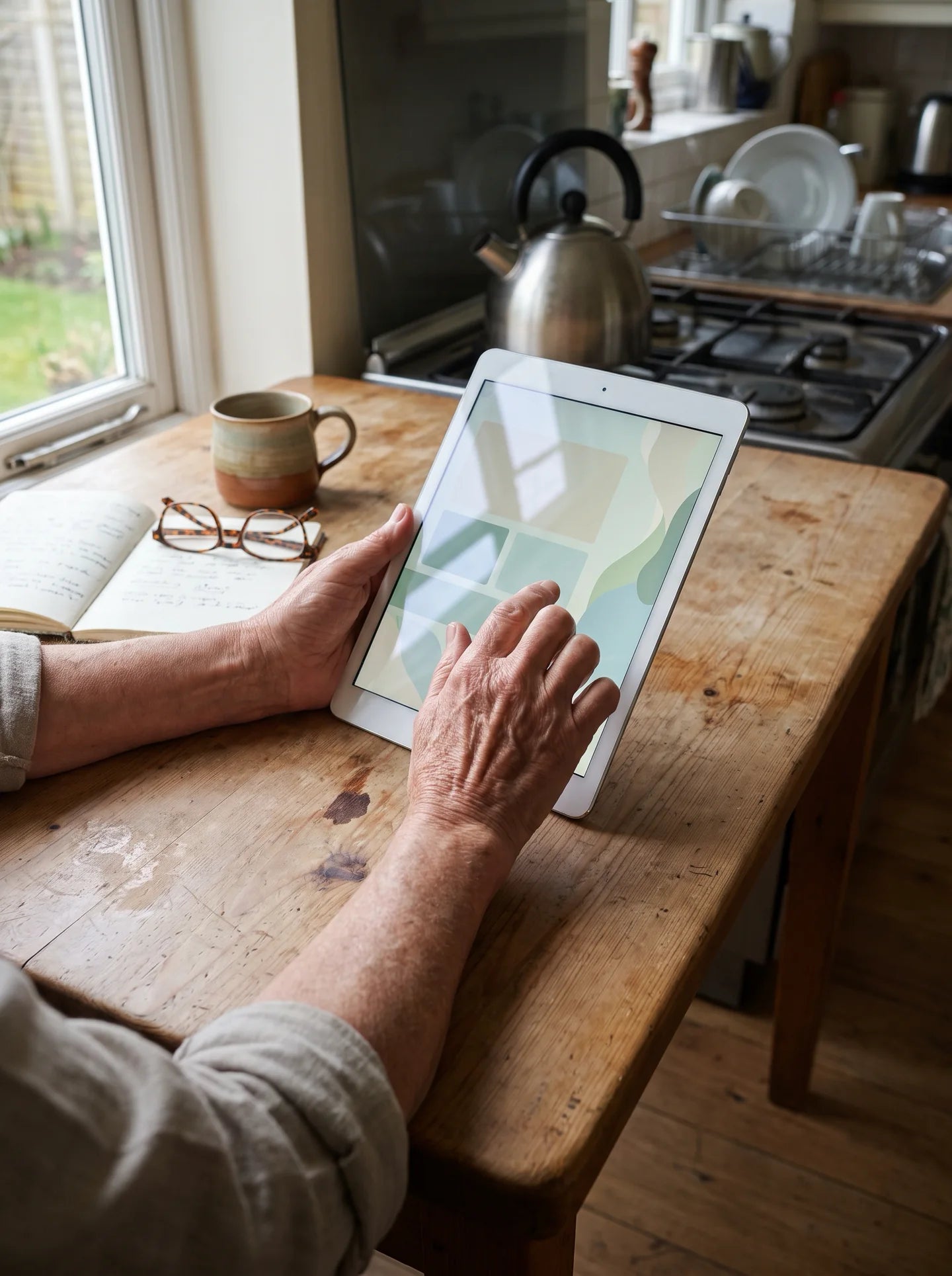 Eine Leserin verwendet den digitalen 14-Tage-Ratgeber auf einem Tablet in der Küche